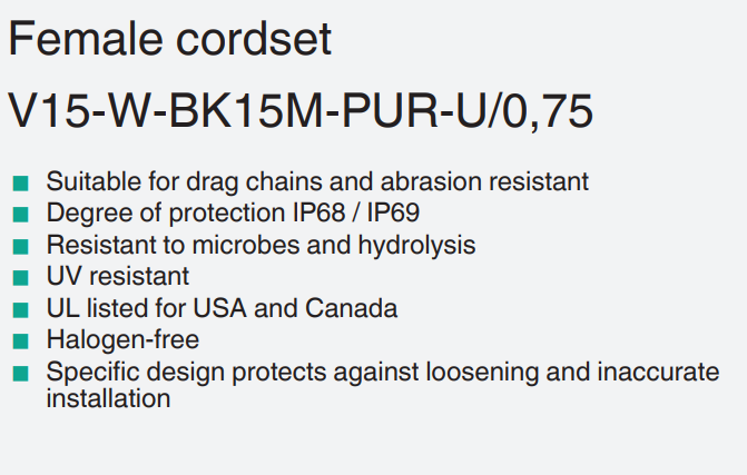 V15-W-BK15M-PUR-U/0,75 single ended cordset